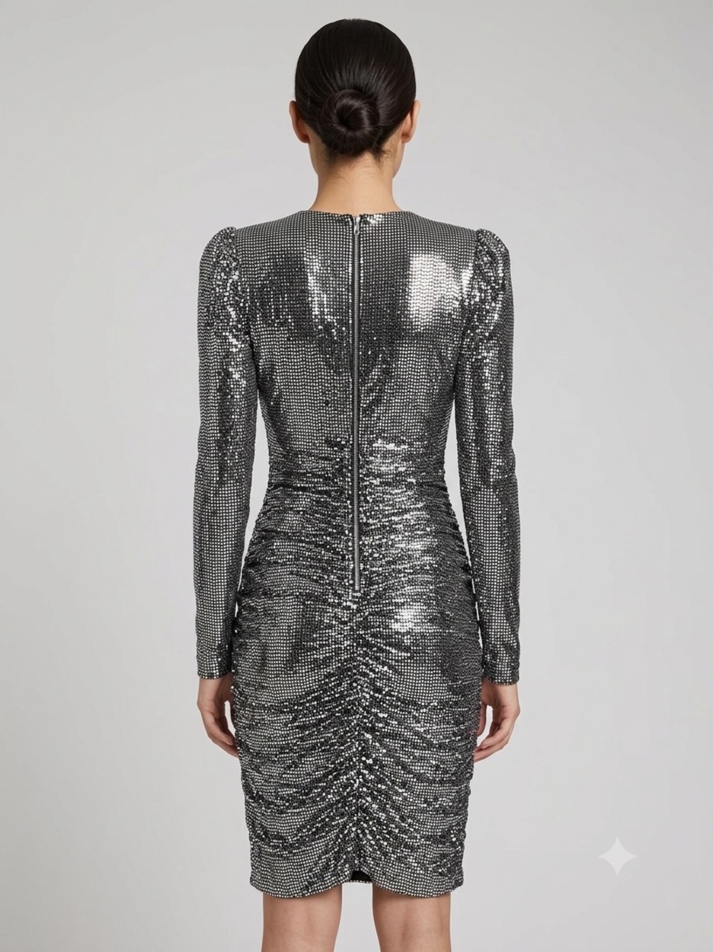 BCBGMaxAzria Metallic Silver Sequin V-Neck Long Sleeve Dress - Picture 2 of 3